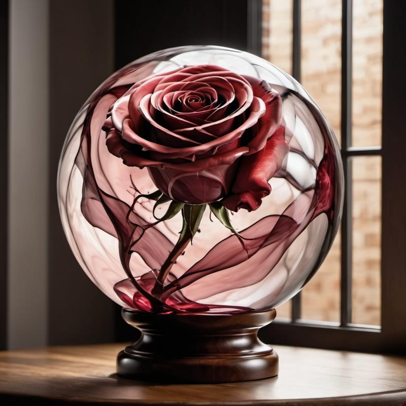 00023-A close up photograph of Rose petals in a translucent sphere on a wood table with a spotlight, dark shadow, deep shadows, contr.png